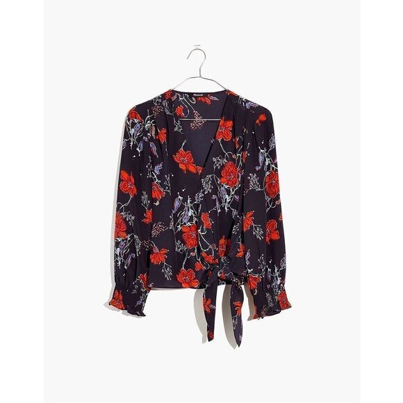 Madewell Silk Smocked-Sleeve Wrap Top small - Picture 2 of 13